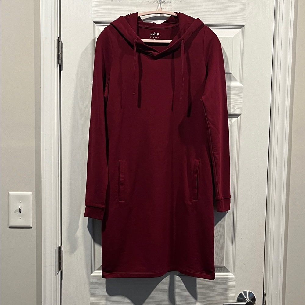 Soho Burgundy Long Sleeve Dress Draw String Hoodie Pockets Athleisure Sporty